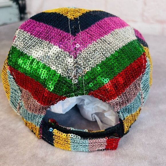Maison Michel Paris Stripe Rainbow Colorful Nell Sequin Hat Baseball Cap M - Picture 5 of 11